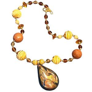 MURANO 24k Gold & Copper Infused Teadrop Pendant Venetian Glass Beads Necklace